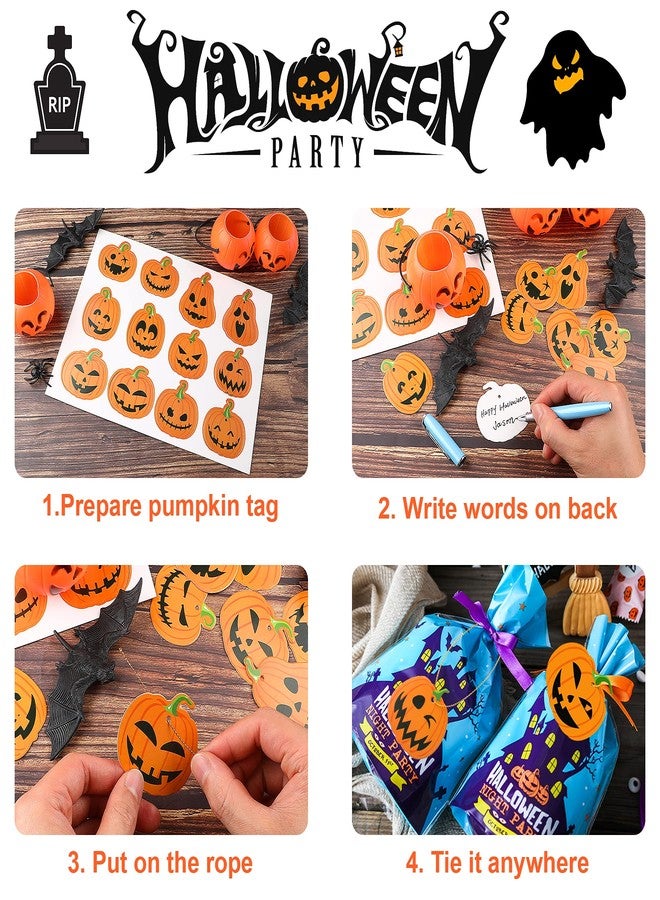 JULBEAR 60Pcs 12 Styles Halloween Pumpkin Cutouts Gift Tags Paper Wrapping Hanging Treat Ornaments Labels with String for Halloween Candy Bags Classroom Bulletin Board Decorations (Style A) - Image 4
